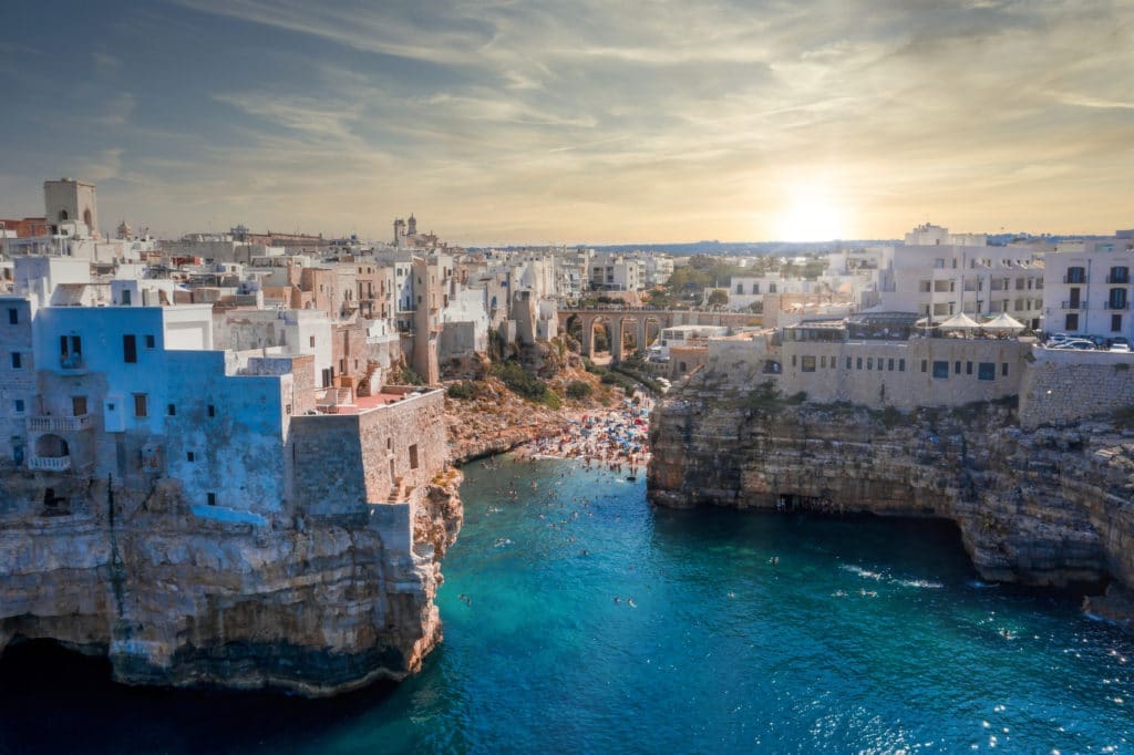 Aerial panoramic sight in Polignano a Mare, Bari Province, Apulia (Puglia), southern Italy.